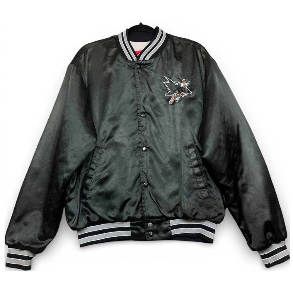 Vintage San Jose Sharks Satin Bomber Jacket L Black Swingster NHL Hockey USA 90s
